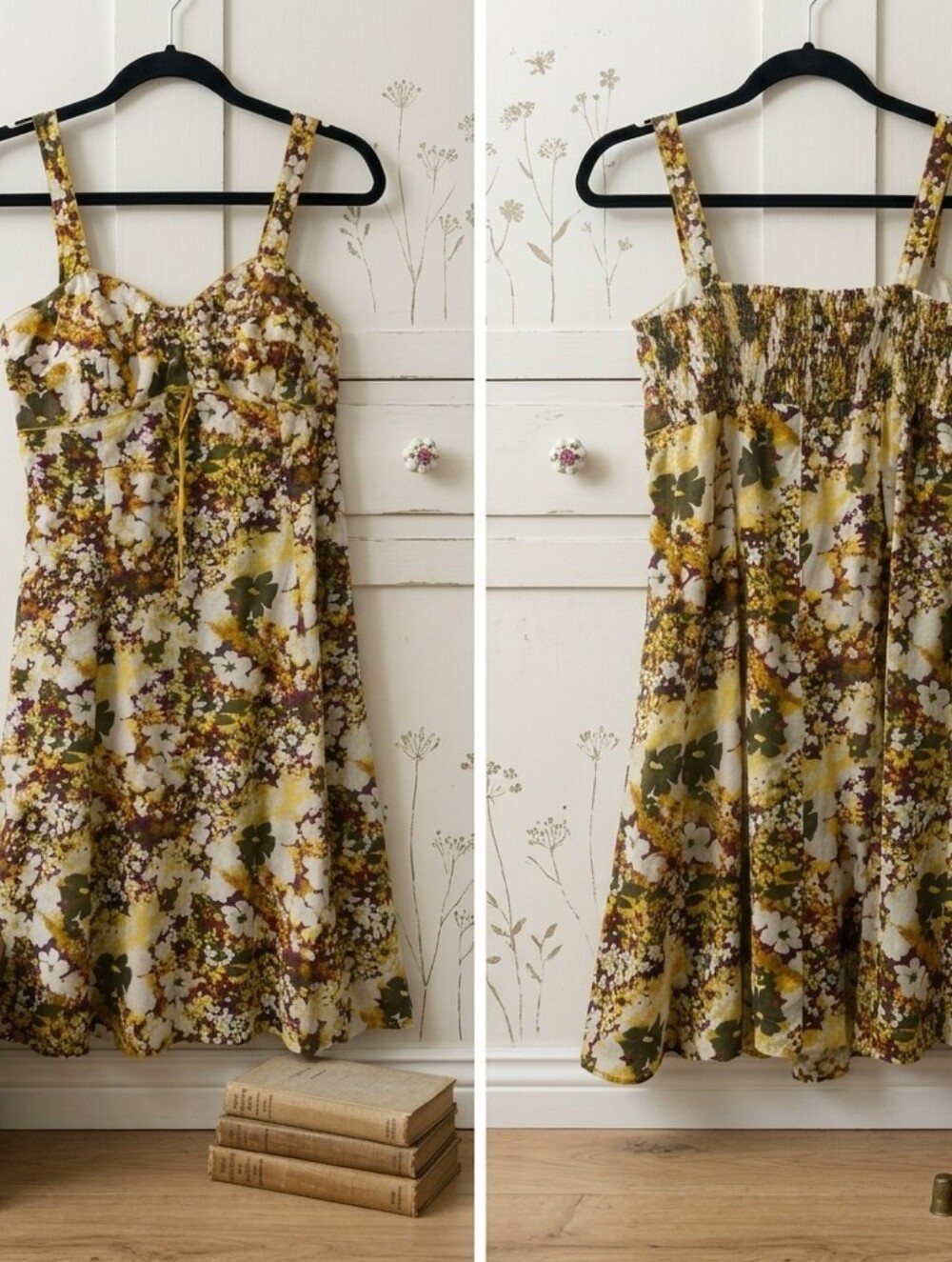 KSL Boho Floral Smocked Midi Dress Fairycore Sweetheart Neckline Boho Size 16W
